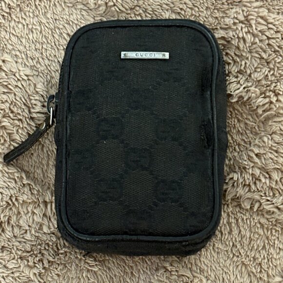 Gucci Black GG Monogram Canvas Small Pouch Bag Zipper Closure Logo Plate - Picture 1 of 14